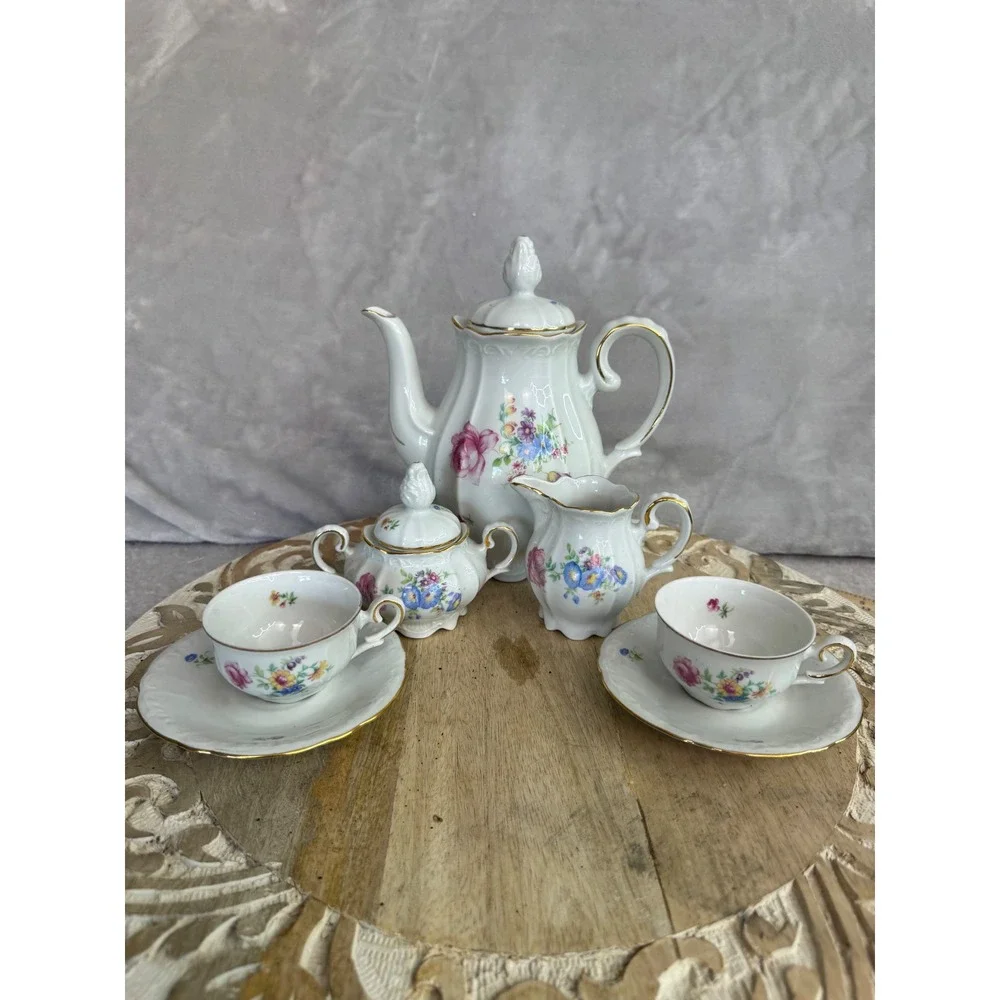 Vintage Style Floral Porcelain Tea Set White Gold Trim Teapot Sugar Creamer Cups
